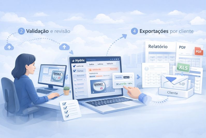 Ilustração: administradora padronizando fechamento com evidência, validação e exportações
