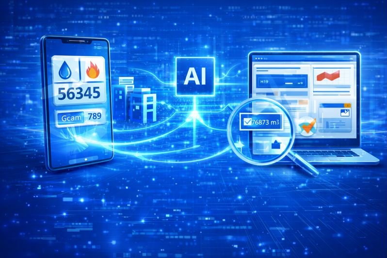 Ilustração premium de fluxo ponta a ponta: app, IA, validação, revisão e relatórios