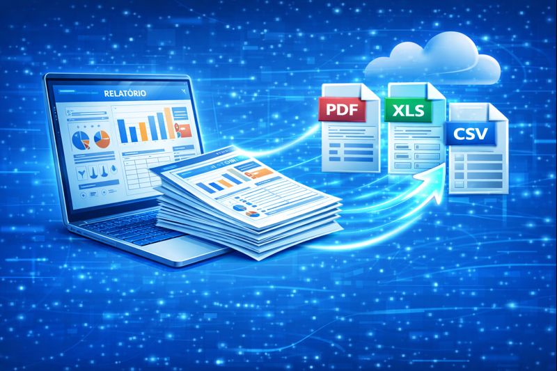 Ilustração premium sobre relatórios e exportações (PDF/XLS/CSV) com padronização